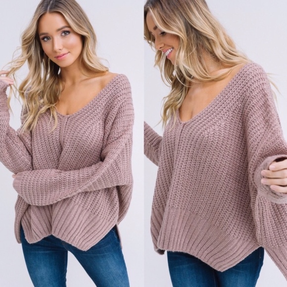 Cozy Mocha V neck Oversized Sweater Top - Picture 2 of 4